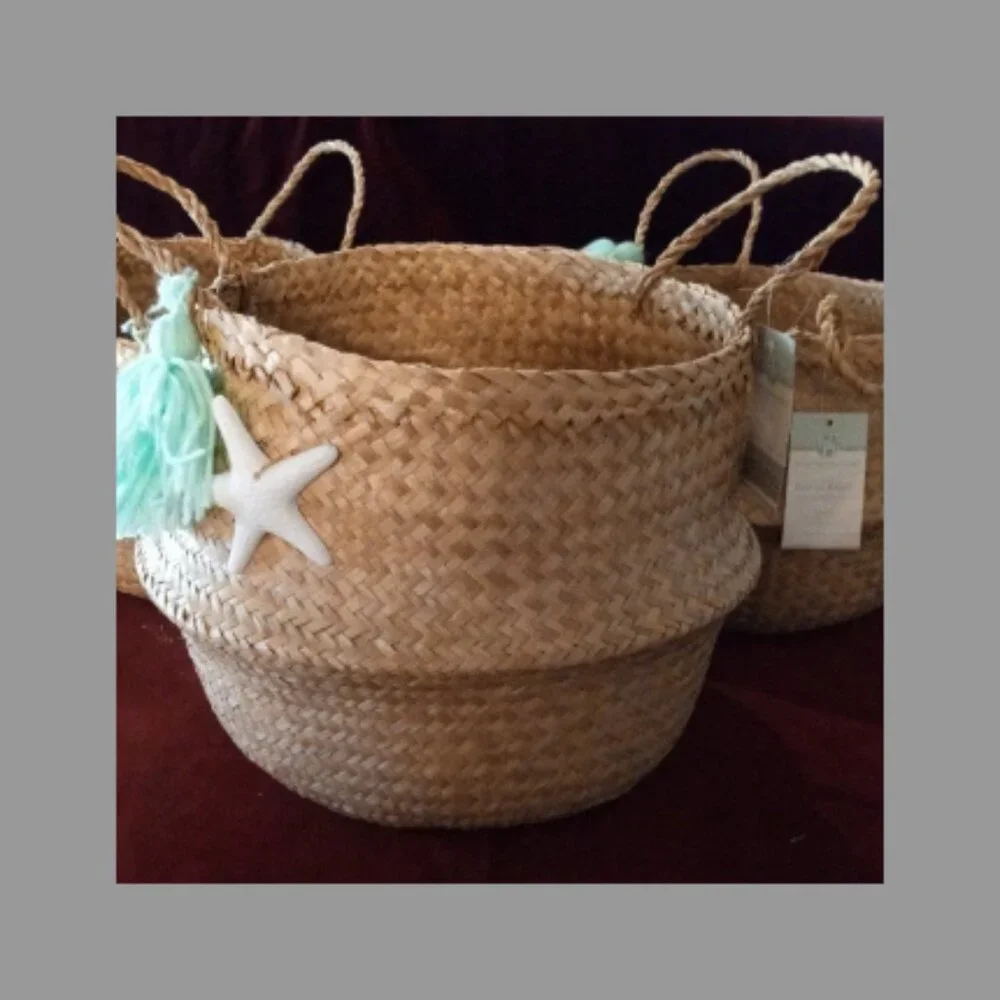 1 Only Woven Seagrass Pop Up Basket Teal Tassel Starfish